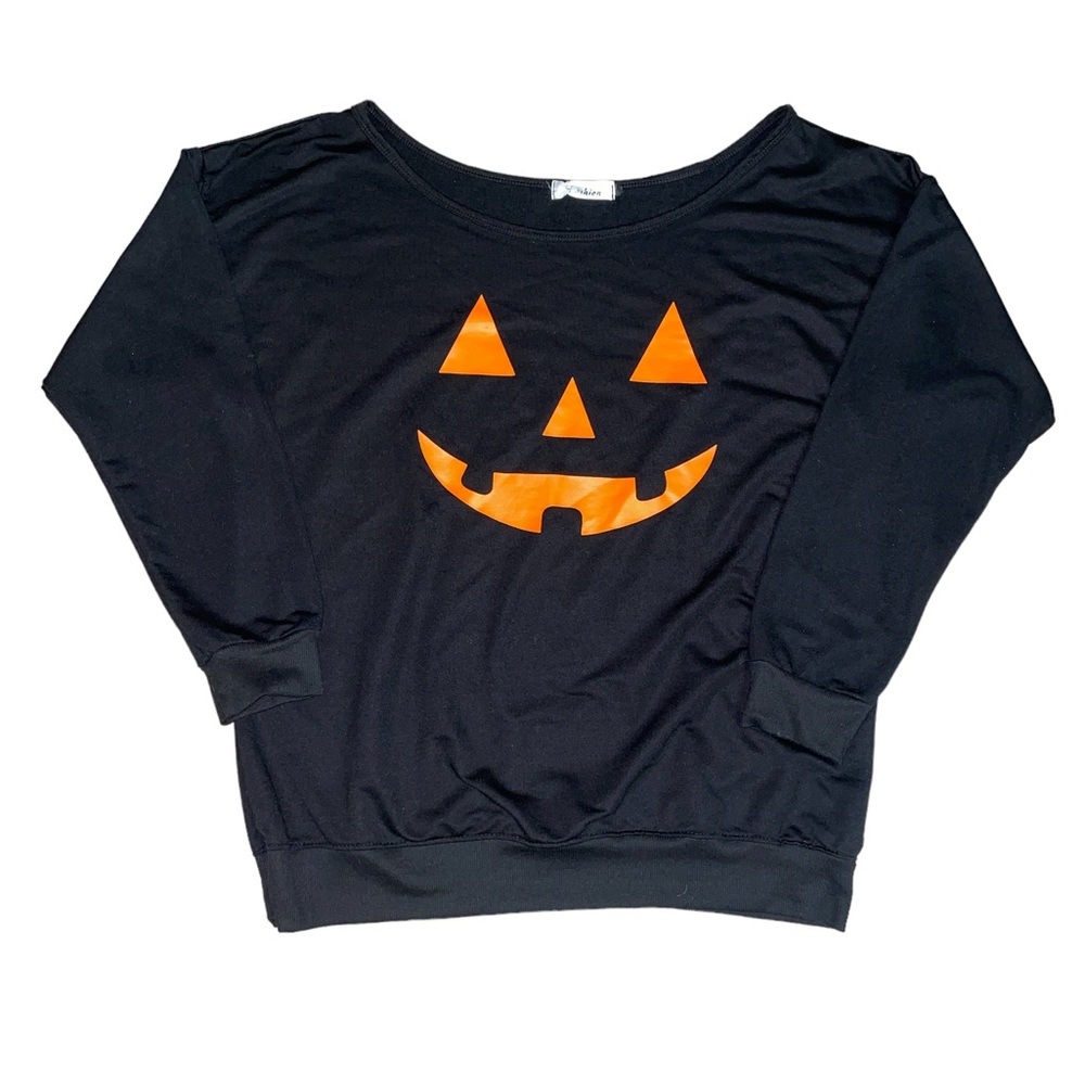 Black Ladies Halloween Pumpkin Jack-O-Lantern Scoop Neck Sweater Size XL